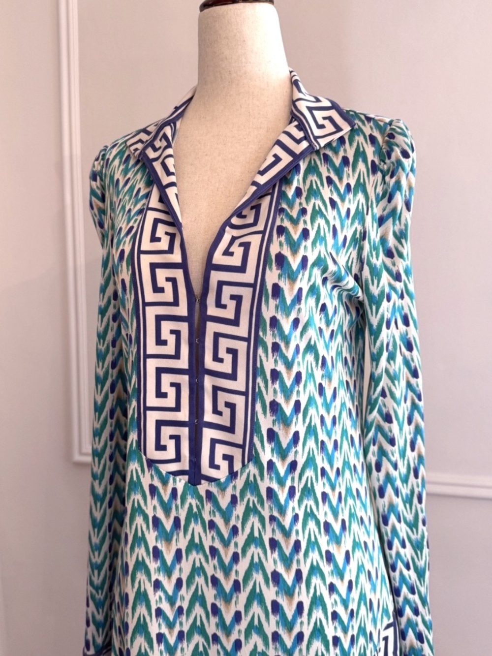 Diane Von Furstenberg DVF Silk Greek Key Geometric Tunic Dress Size 12 Blue - Picture 5 of 5